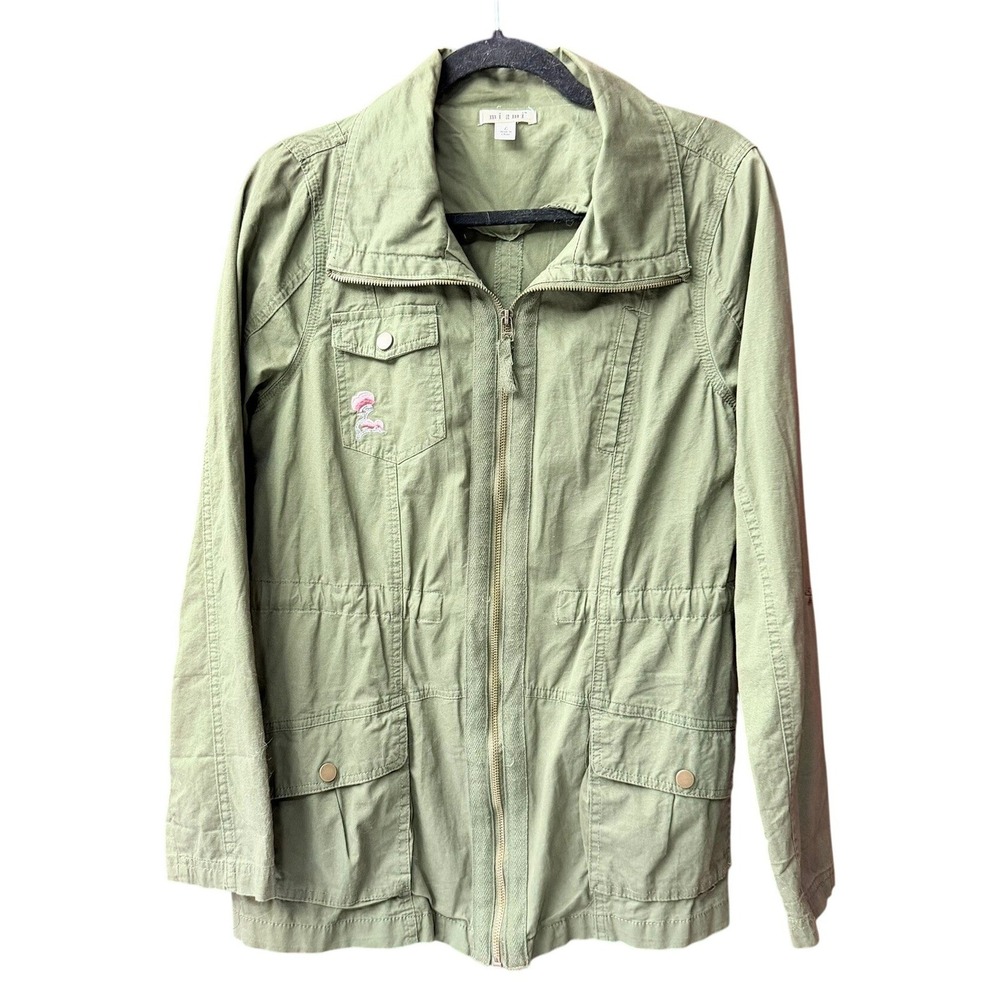 mi ami Utility Jacket Women L Green Floral Embroidered Cotton Full Zip Anorak
